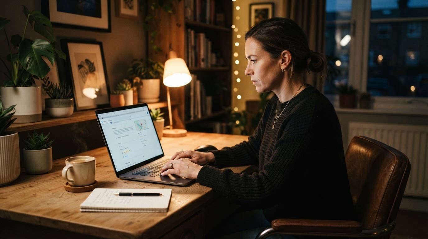 A business owner types on a laptop beside coffee in a cozy office.