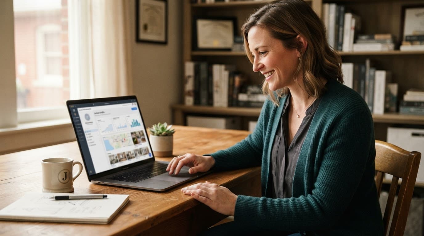 Business owner reviewing a profile dashboard on a laptop at a wooden desk.