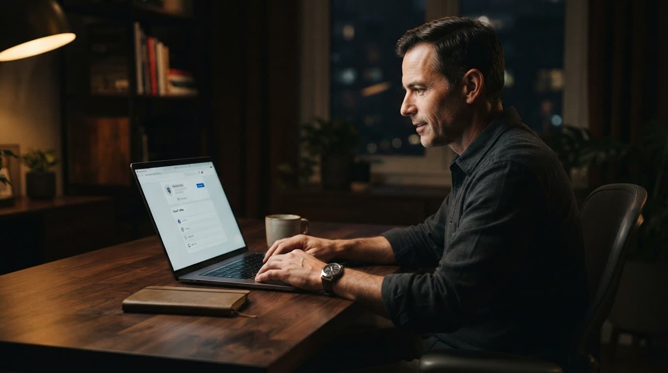 A business owner views a local business profile on a laptop at a wooden desk.