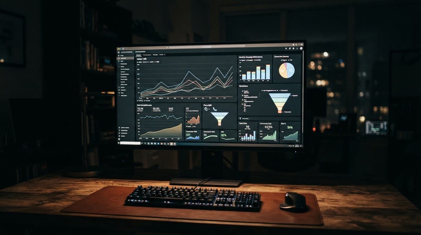 A monitor displays analytics charts on a desk in a dark workspace.