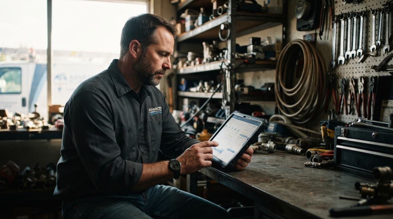 A contractor reviews service details on a tablet in a bright workshop.