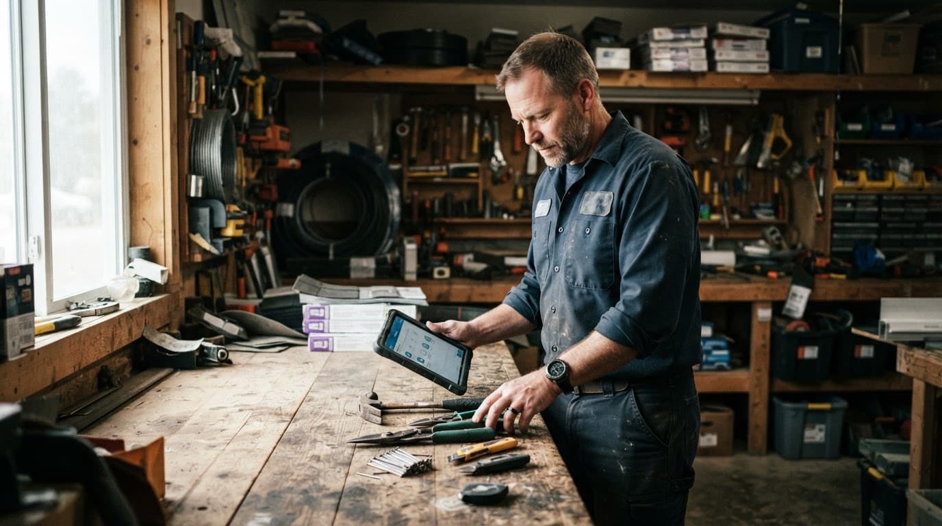 A contractor examines roofing tools and a tablet on a wooden workbench.