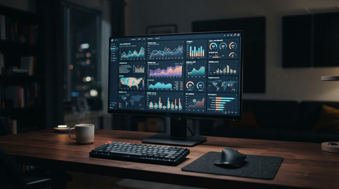 A monitor showing colorful data charts on a dark desk.