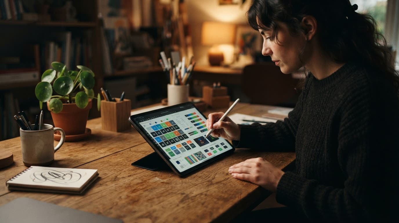 A designer studies color contrast grids on a tablet at a wooden desk.