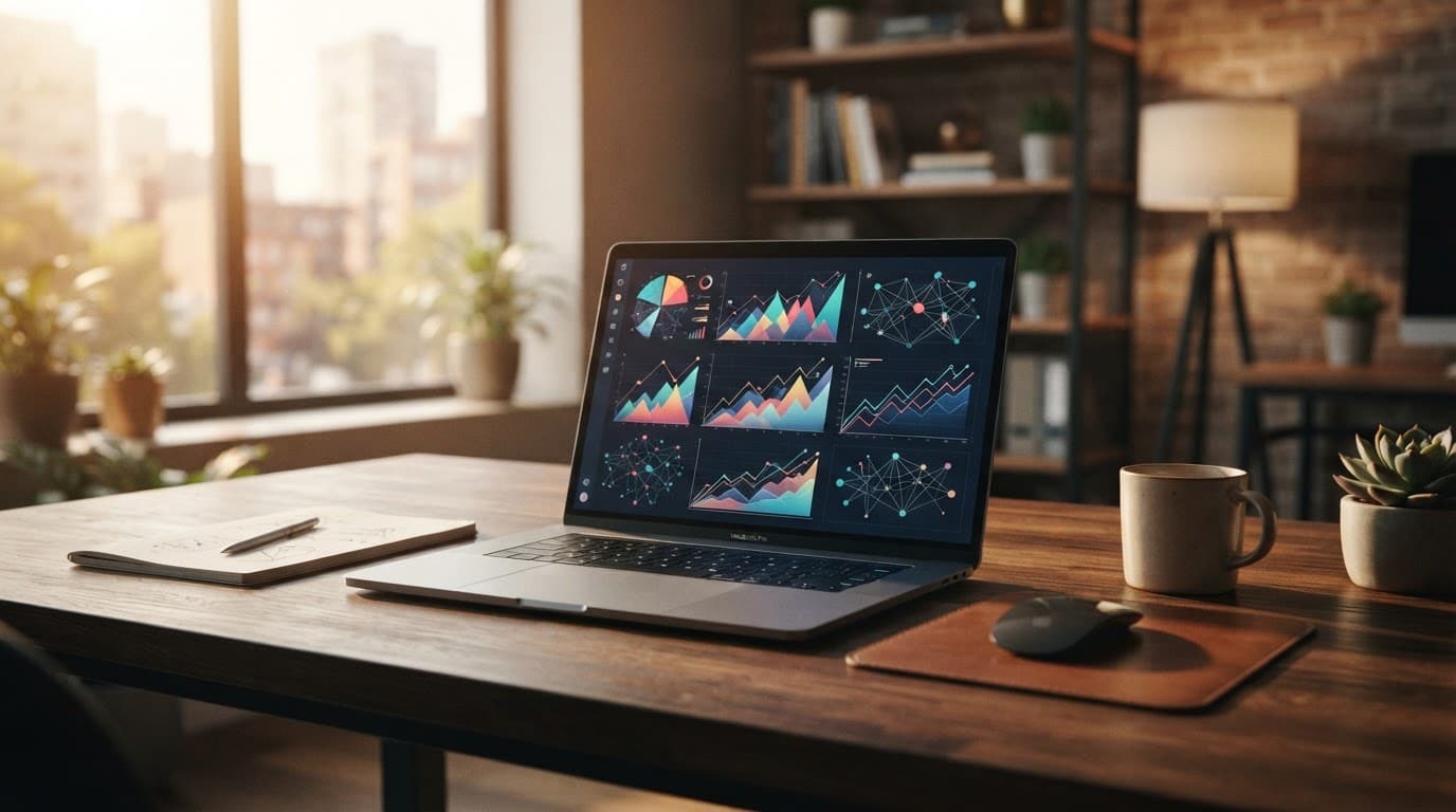 Laptop showing abstract charts on a wooden desk in a warmly lit office.