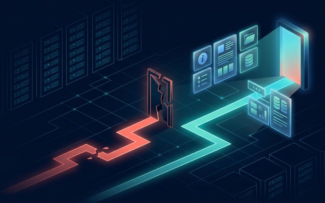 A red path ends at a broken doorway beside a glowing blue route to digital destinations.