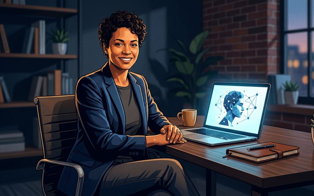 A business owner at a desk beside a laptop showing a connected profile graphic.