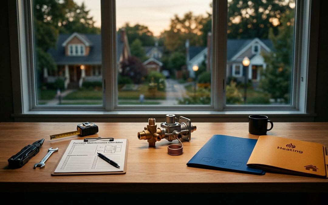 Furnace parts, tools, a checklist, and service folders sit on a desk.