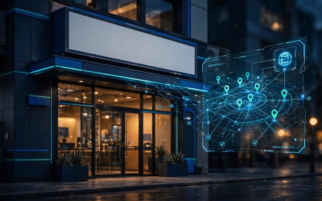 Rebranded HVAC storefront with blue and teal accents beside a glowing digital map.
