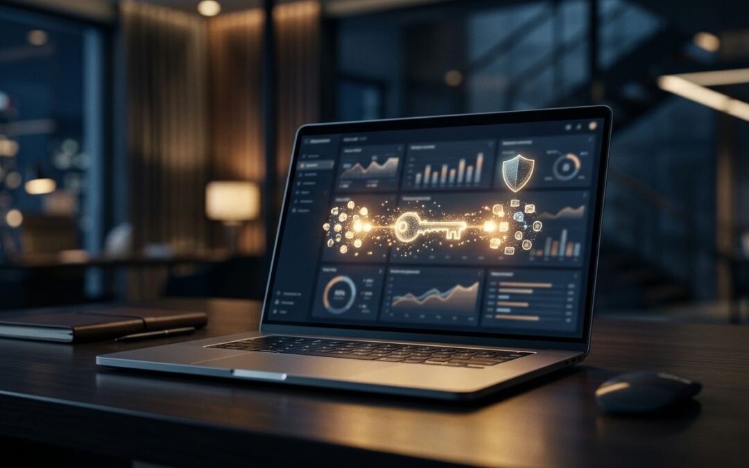 Laptop showing a secure business profile transfer with a glowing key and shield.
