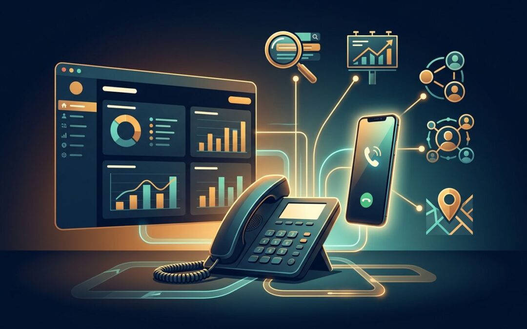 A business dashboard and glowing smartphone connected to search, advertising, social, and map icons.