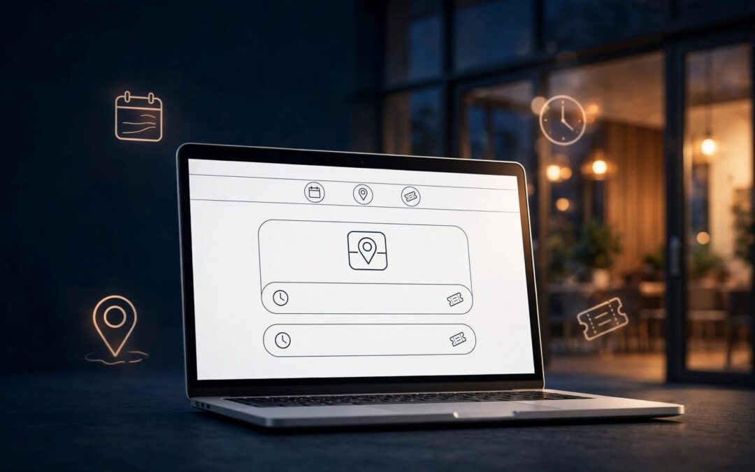 Laptop showing an event webpage with calendar and location symbols near a warmly lit venue.