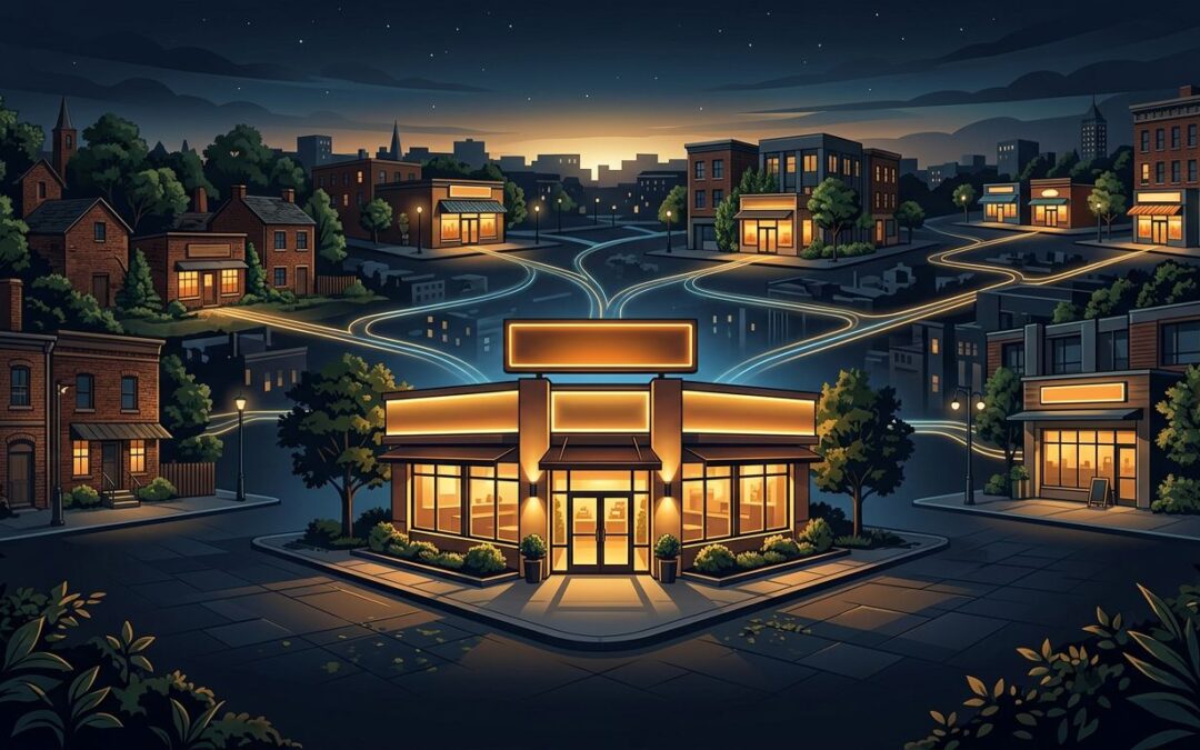 A central storefront linked to several neighborhood shops by glowing pathways.