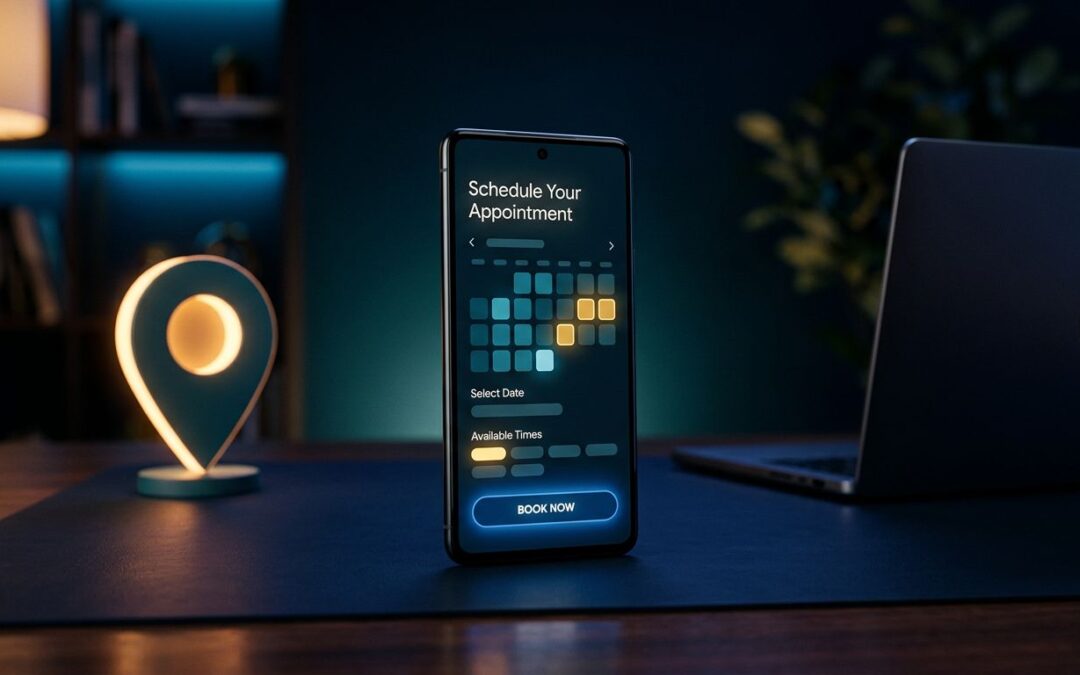 A smartphone with a booking interface beside a glowing location pin and laptop.