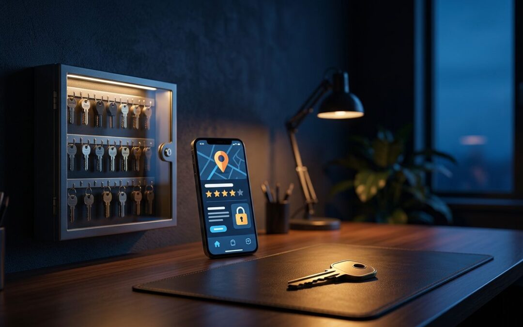 A glass key cabinet and smartphone represent secure business profile access.