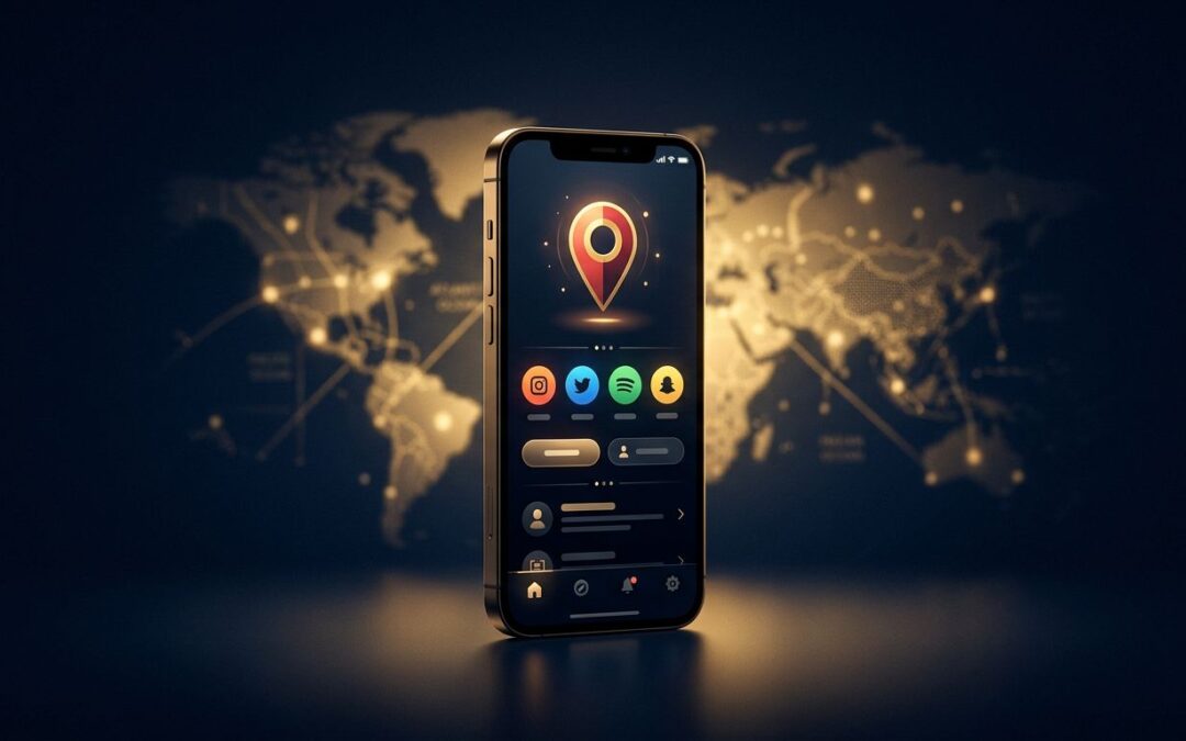 Smartphone showing a business profile with a location pin and colorful social icons.