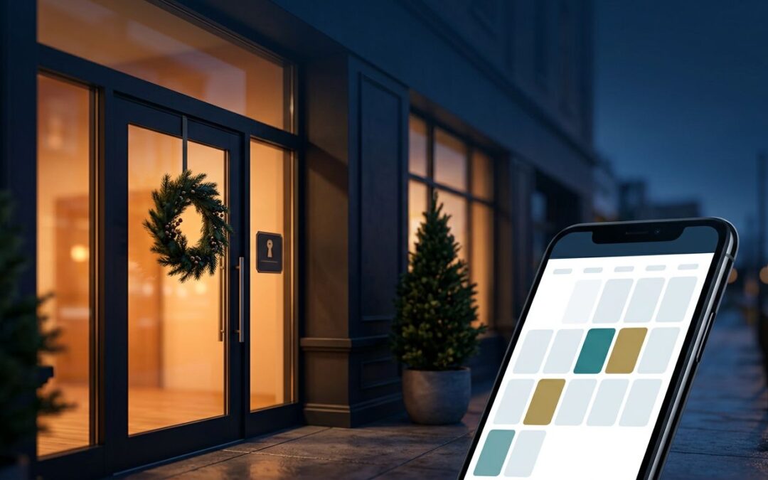 A lit storefront behind a smartphone showing highlighted calendar dates.