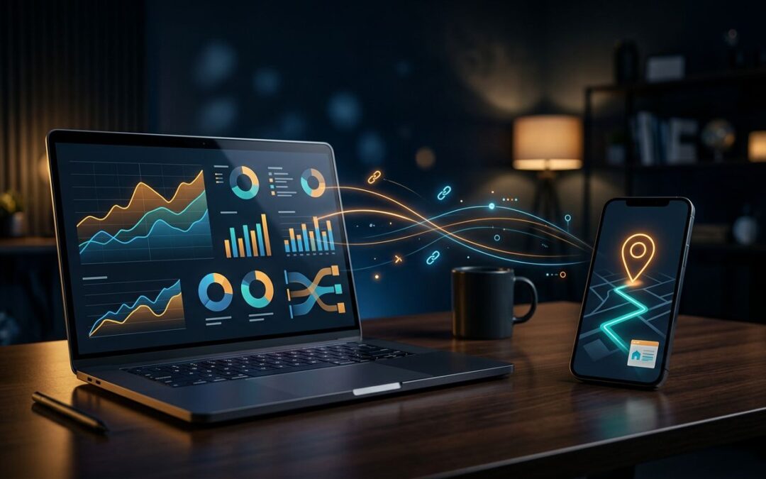 Laptop analytics dashboard and smartphone map pin connected by tracking icons.