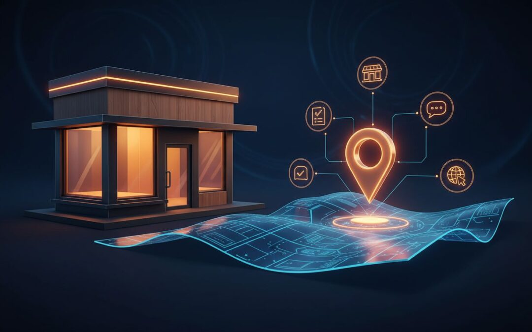 A storefront beside a glowing map with a location pin and connected business icons.