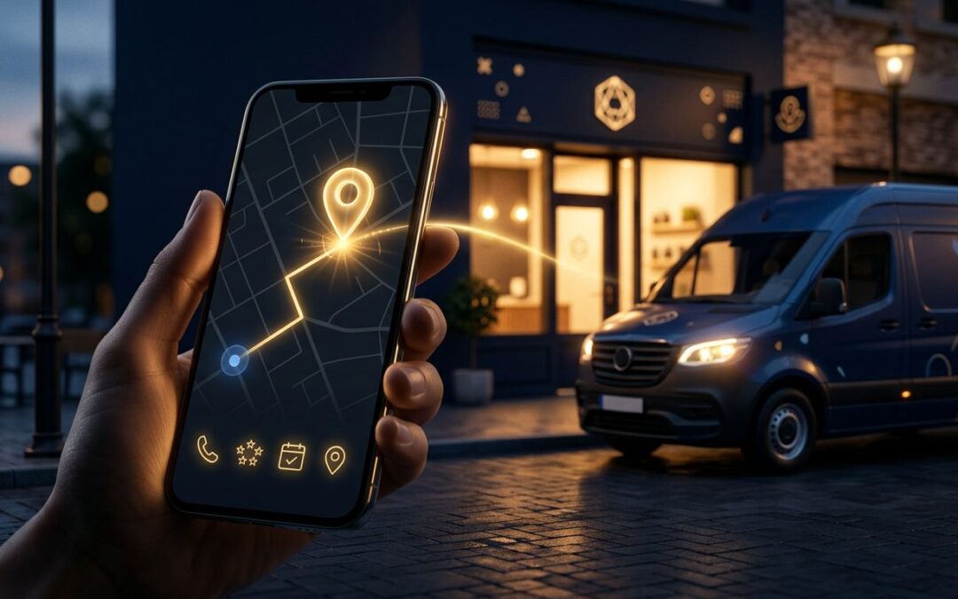 A smartphone map points toward a service van and welcoming storefront.