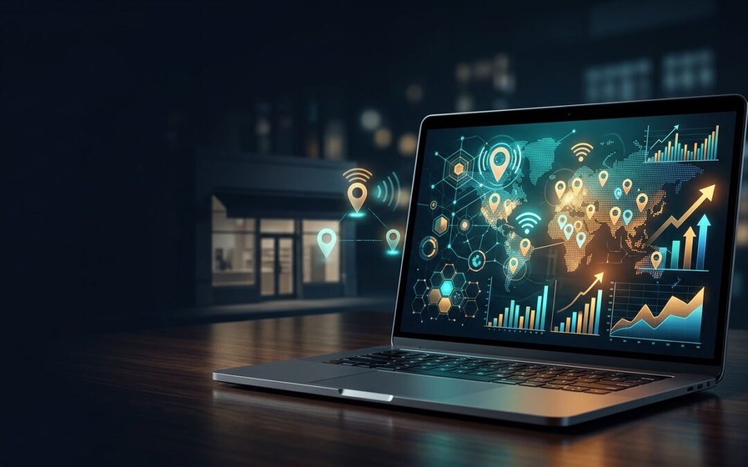 Laptop showing glowing charts and map markers beside a storefront silhouette.