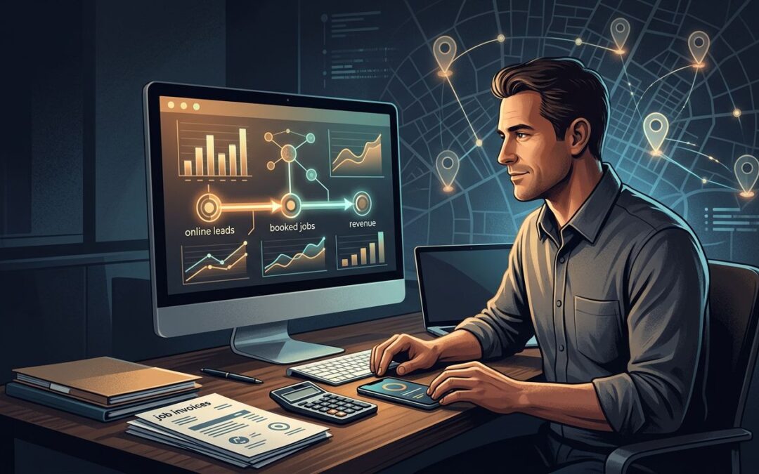 Business owner reviewing analytics beside a phone, calculator, invoices, and glowing map.