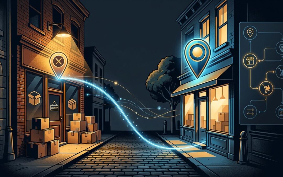 A storefront with moving boxes and a glowing map pin moving to a nearby location.