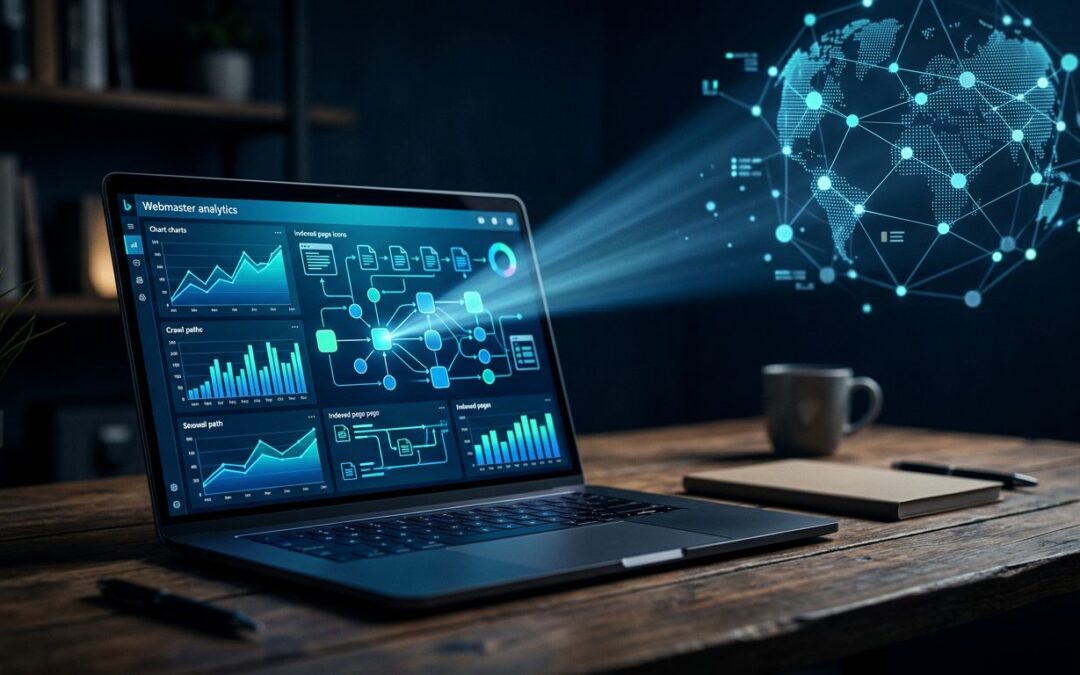 Laptop showing glowing SEO charts connected to a blue web network.