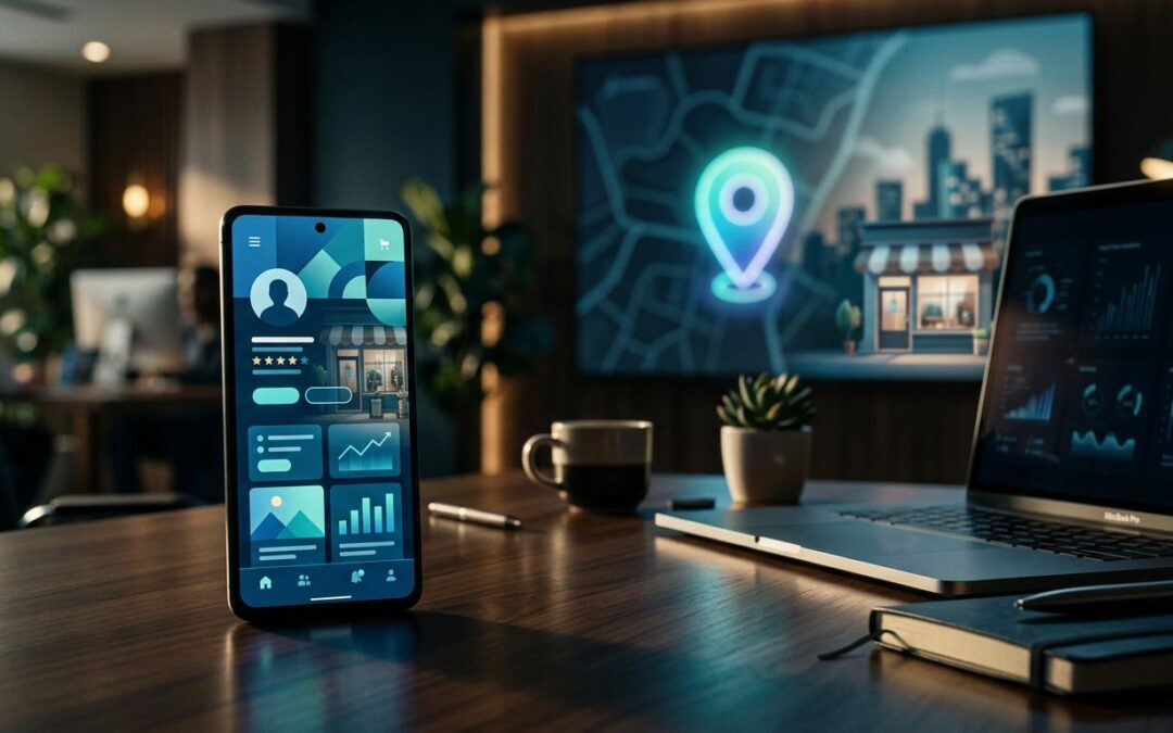A phone and laptop sit on a desk with a glowing location pin and map design.