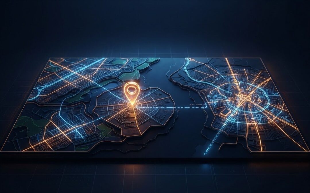 A glowing map pin sits in the wrong city beside a route to the correct location.