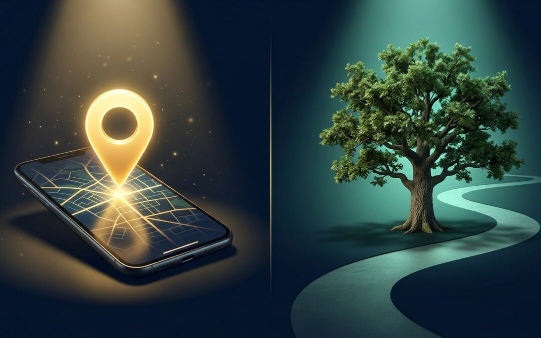 A glowing phone and map pin face a growing tree on opposite sides.