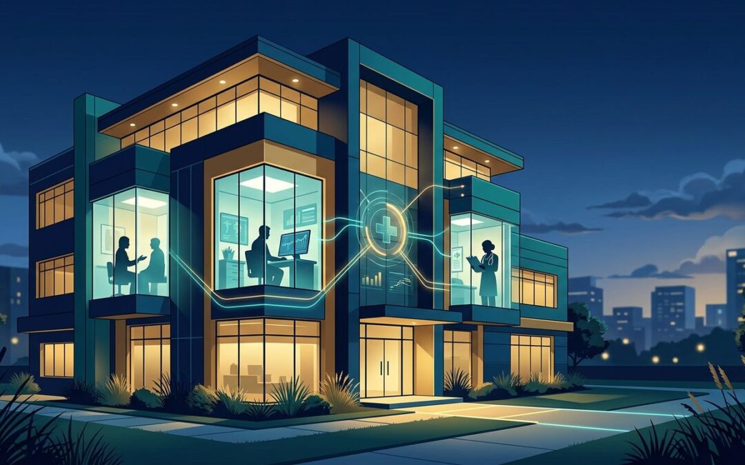 A glowing clinic connects three practitioners in separate glass rooms.