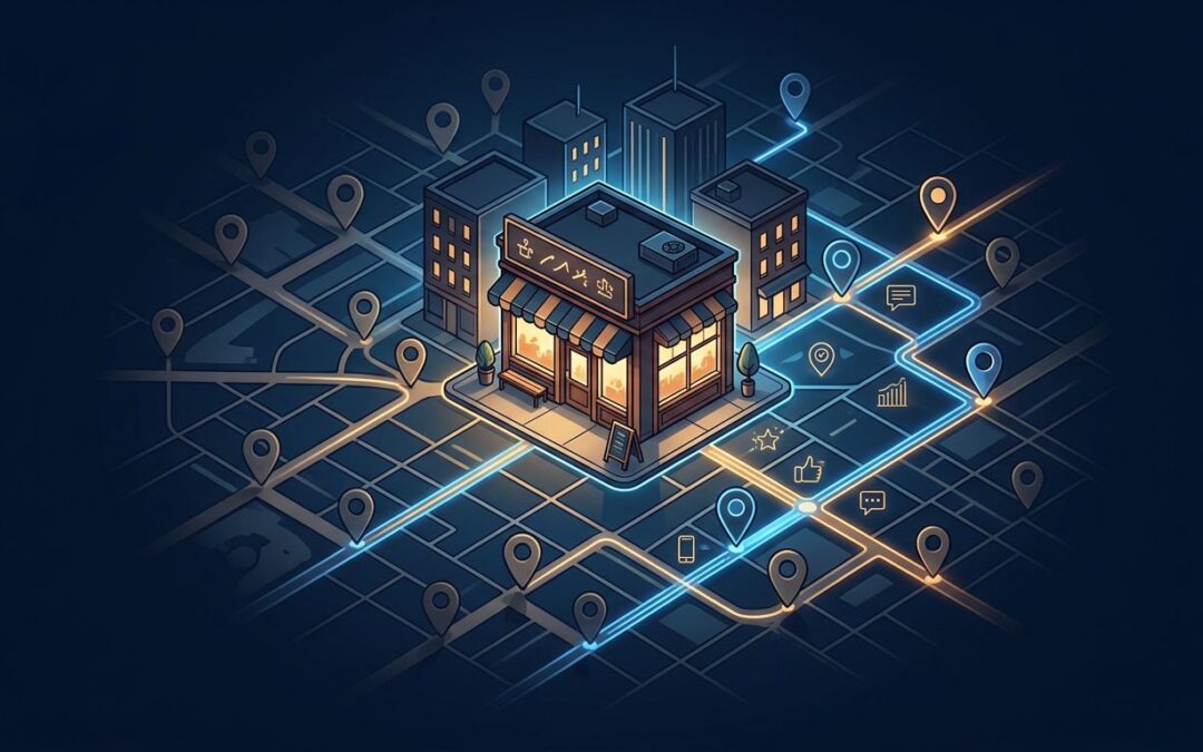 A city map connects glowing location pins to one central storefront.