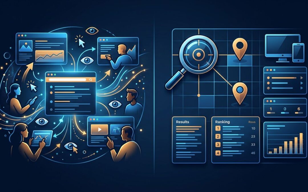Split-screen illustration comparing search analytics with rank tracking tools and location markers.