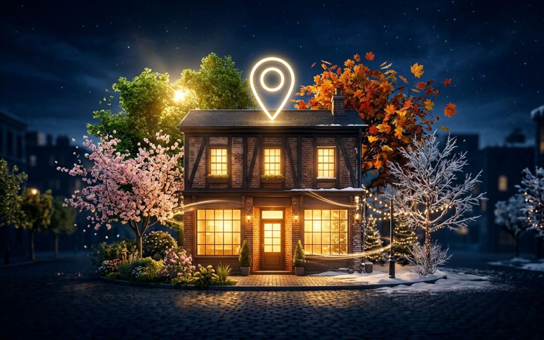 A glowing storefront and map pin surrounded by seasonal foliage and lights.