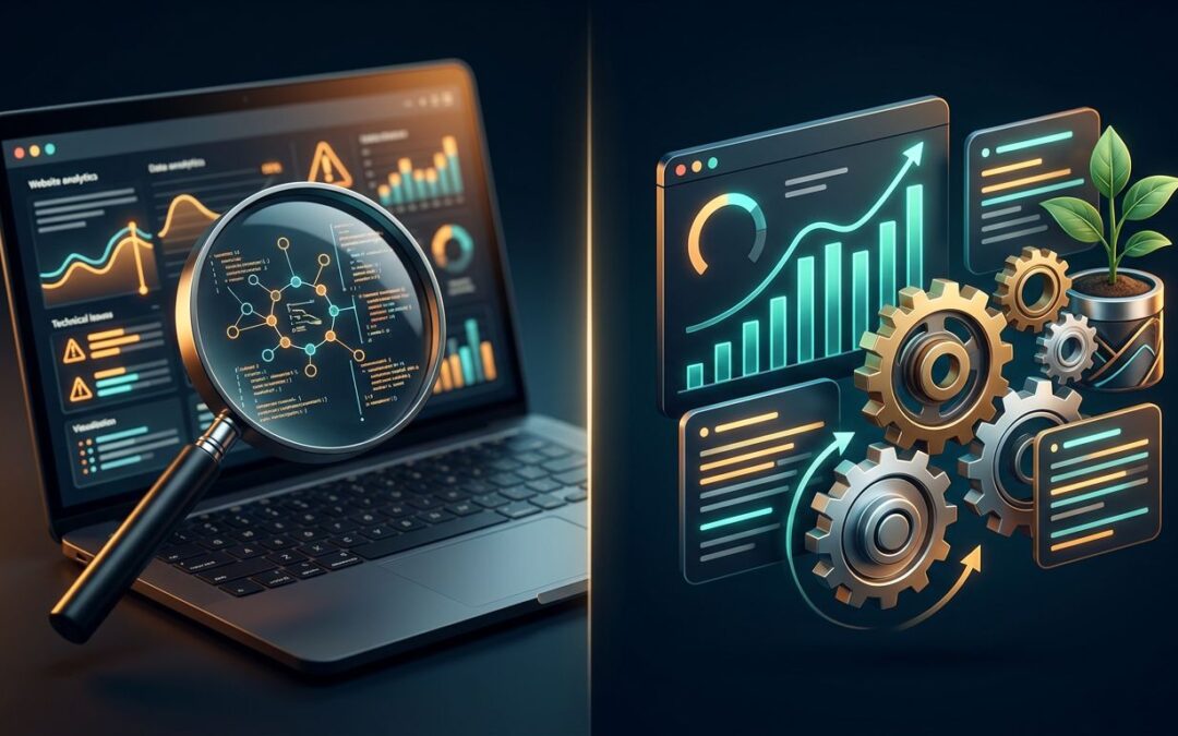 Split-screen scene with a magnifying glass and laptop on one side, and gears, charts, cards, and a plant on the other.