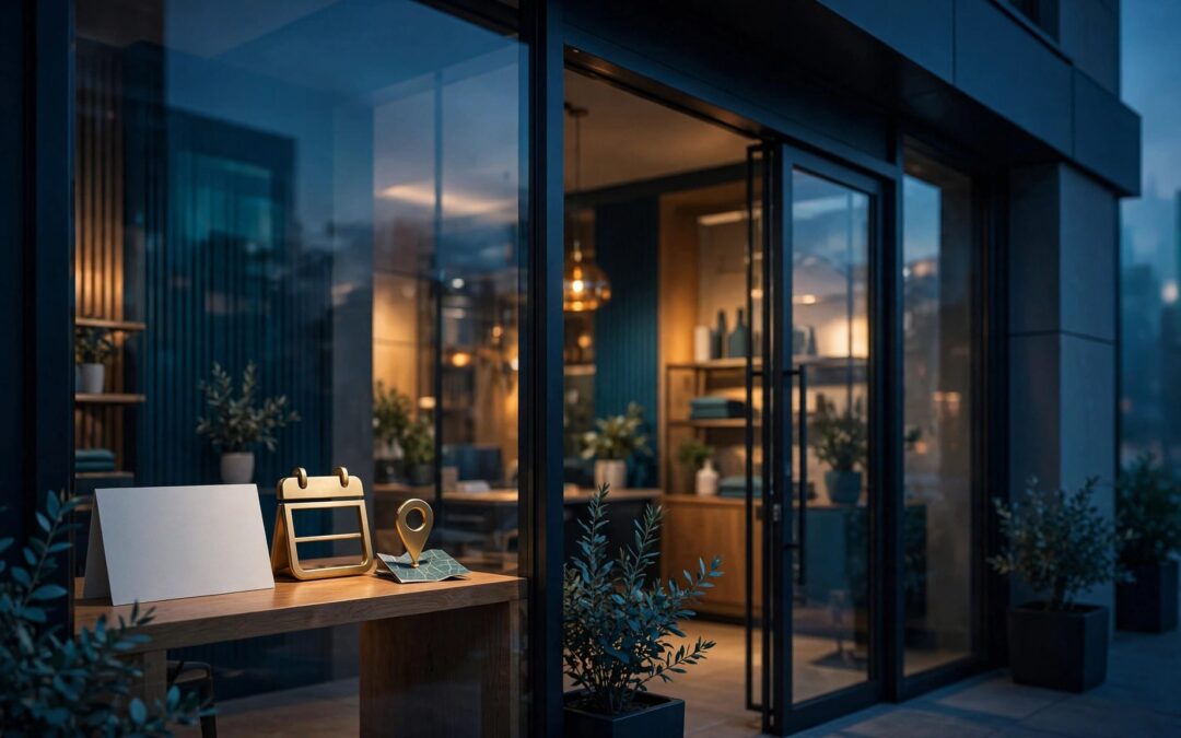 A warmly lit storefront at dawn with a blank card, calendar icon, and map pin on a desk.