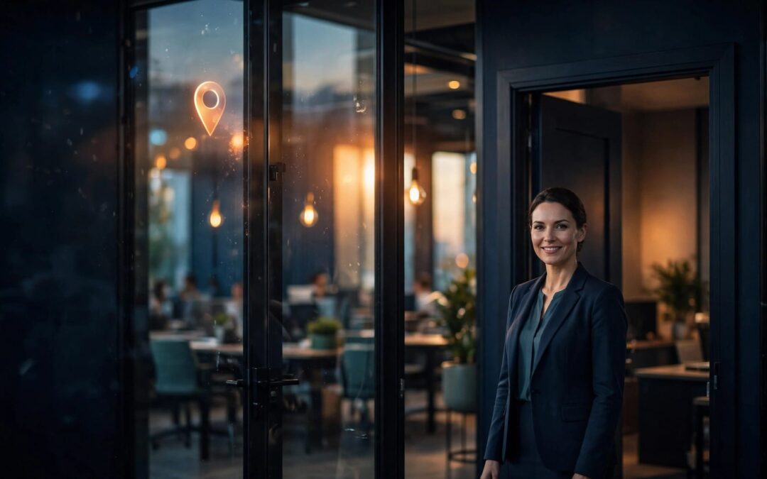 Receptionist welcoming visitors beside a private office entrance in a modern shared workspace.
