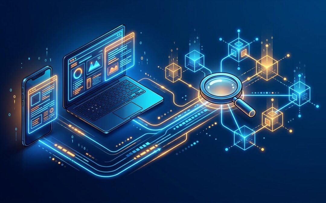 A glowing phone and laptop connected to search nodes by blue and amber lines.