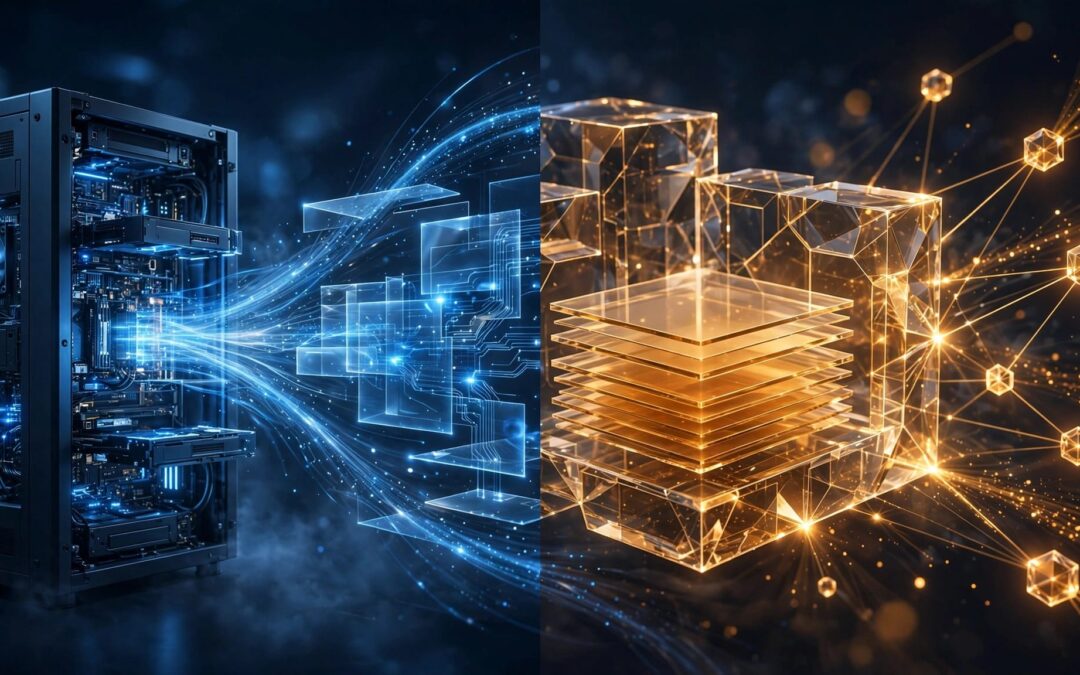 Split-screen graphic showing dynamic server rendering beside cached pages distributed through CDN nodes.