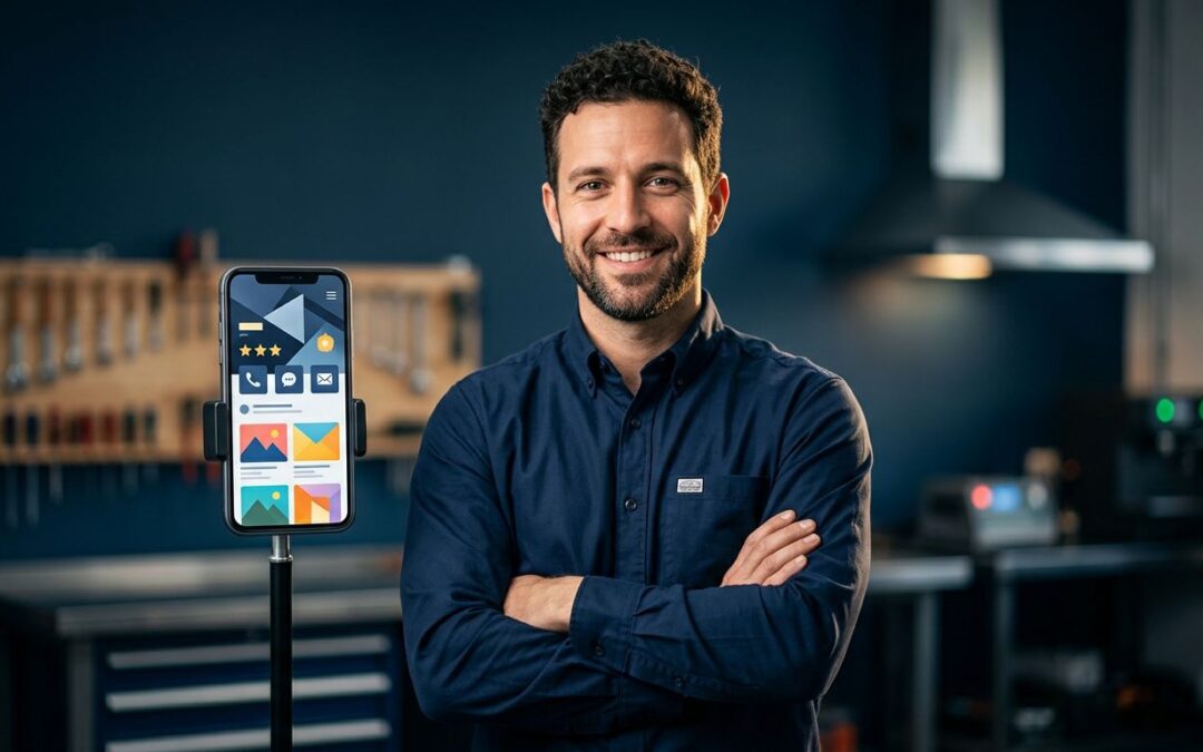 A service business owner stands beside a smartphone in a workshop.