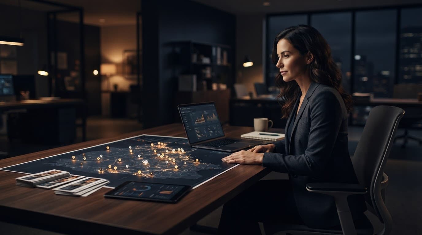 A manager reviews store locations on a map beside a laptop and printed cards.