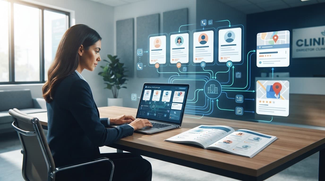 Manager reviews a laptop beside a clinic directory and connected practitioner profiles.