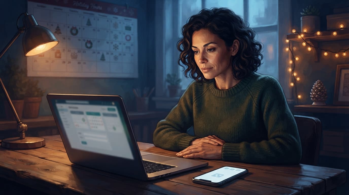 Business owner reviewing holiday hours on a laptop and smartphone in a tidy office.