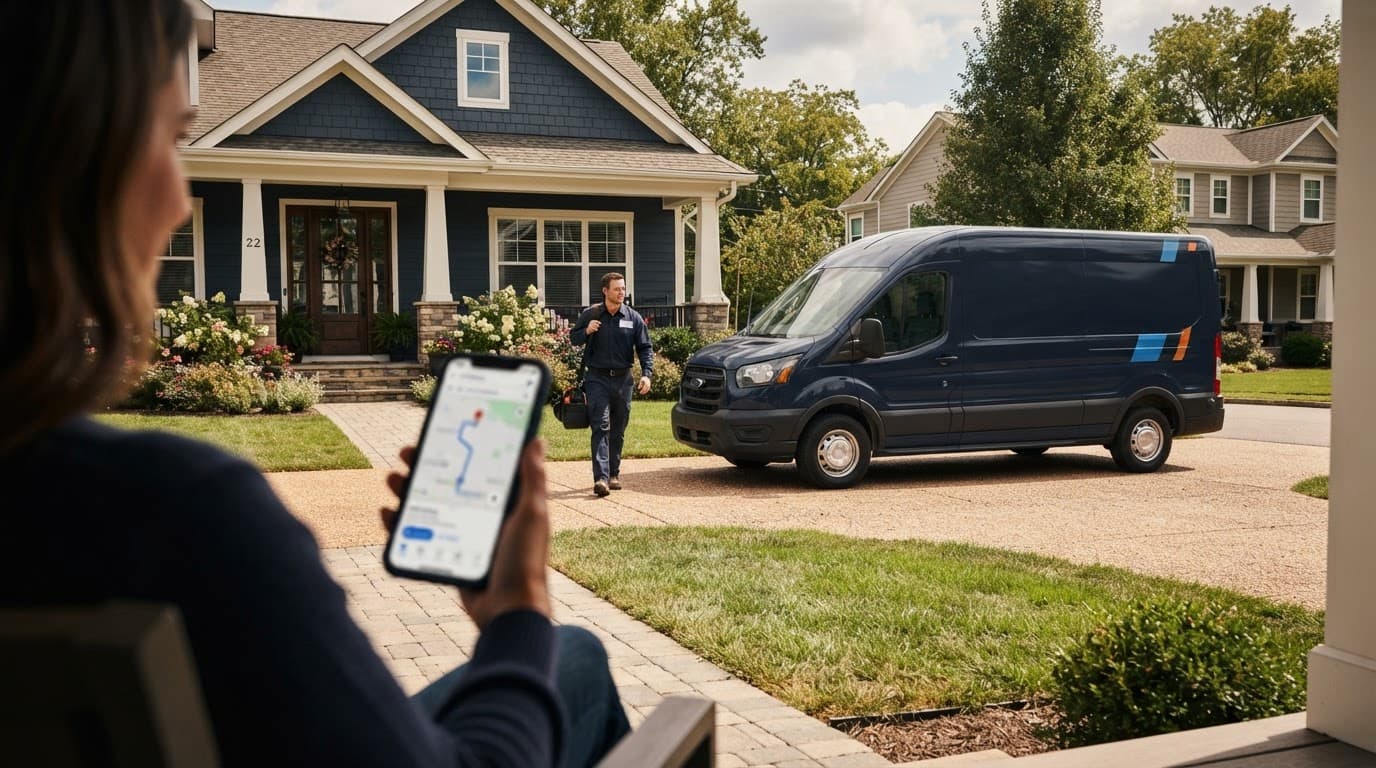 An HVAC van and technician outside a home beside a smartphone showing a blurred map.