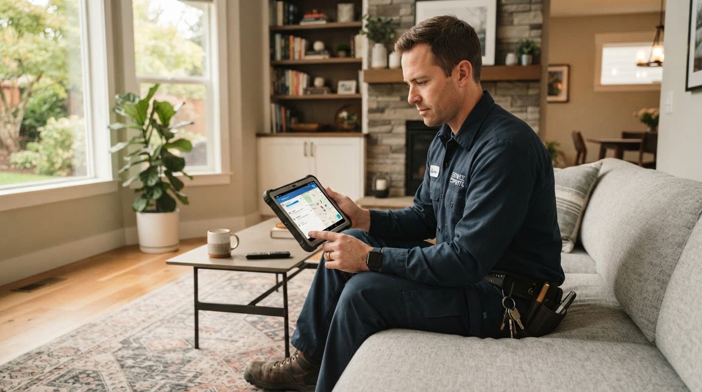 An HVAC technician checks a tablet in a warmly lit living room.