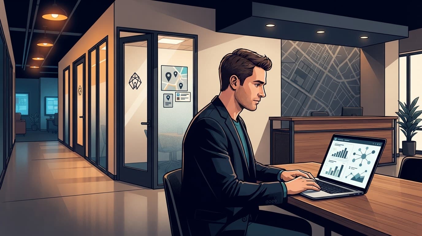 A business owner reviews a laptop near private offices in a coworking building.