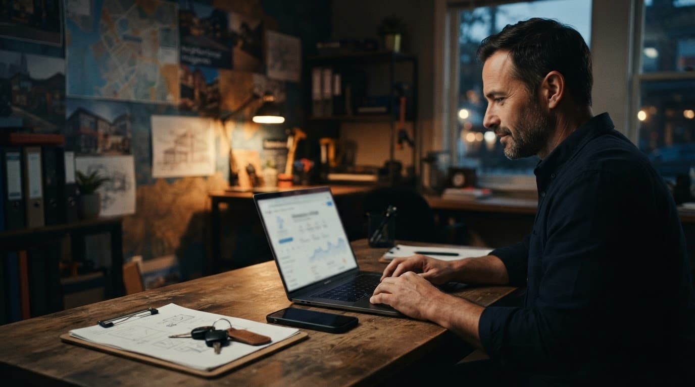 A business owner checks a laptop beside a smartphone, van key, and clipboard.