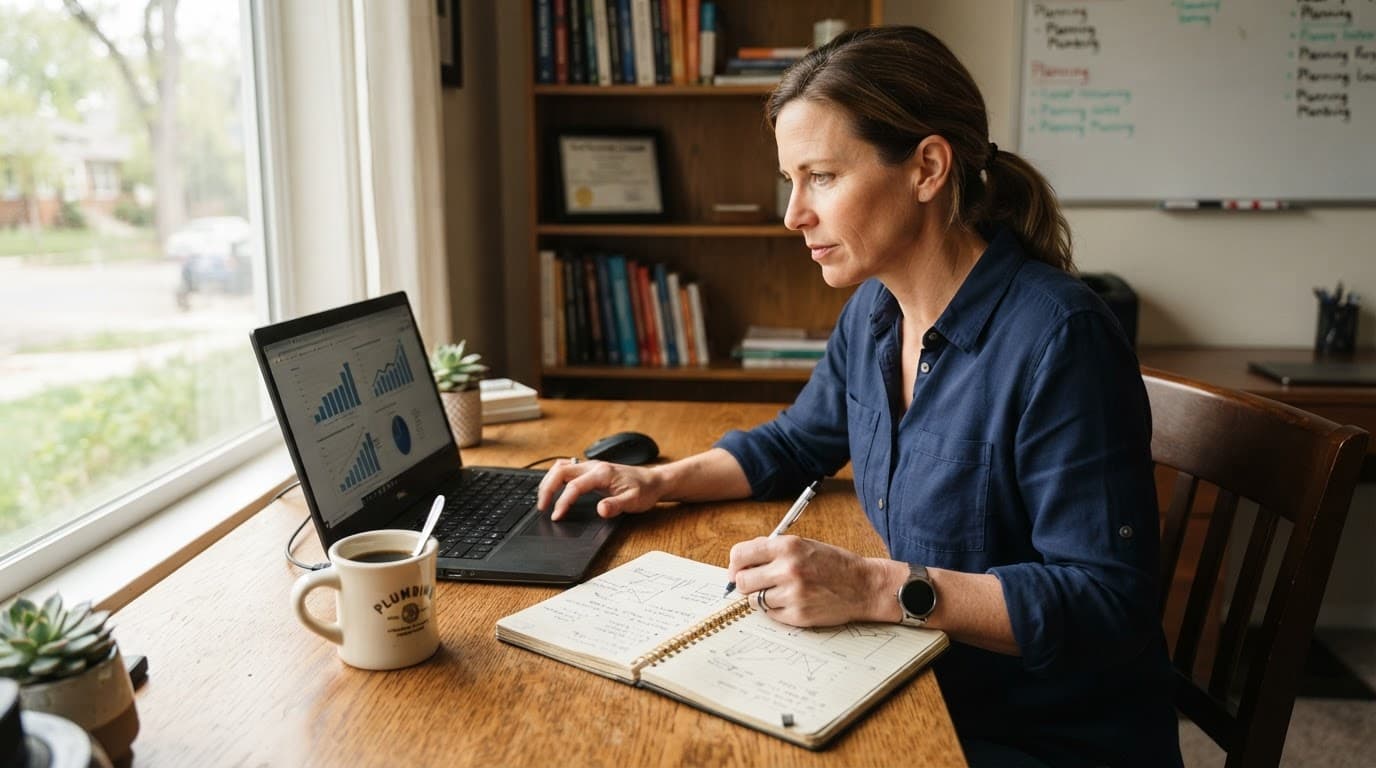 A business owner reviews analytics beside a notebook and coffee on a wooden desk.