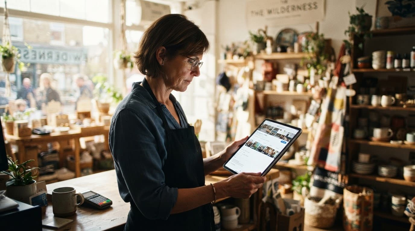 A store owner reviews a tablet inside a bright modern storefront.